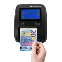 Cashmaster GenuOne counterfeit detector inspecting cash EUR