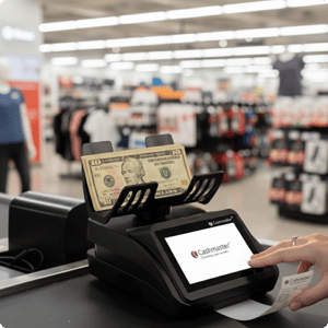 A Cashmaster money counter is being used in a retail store.