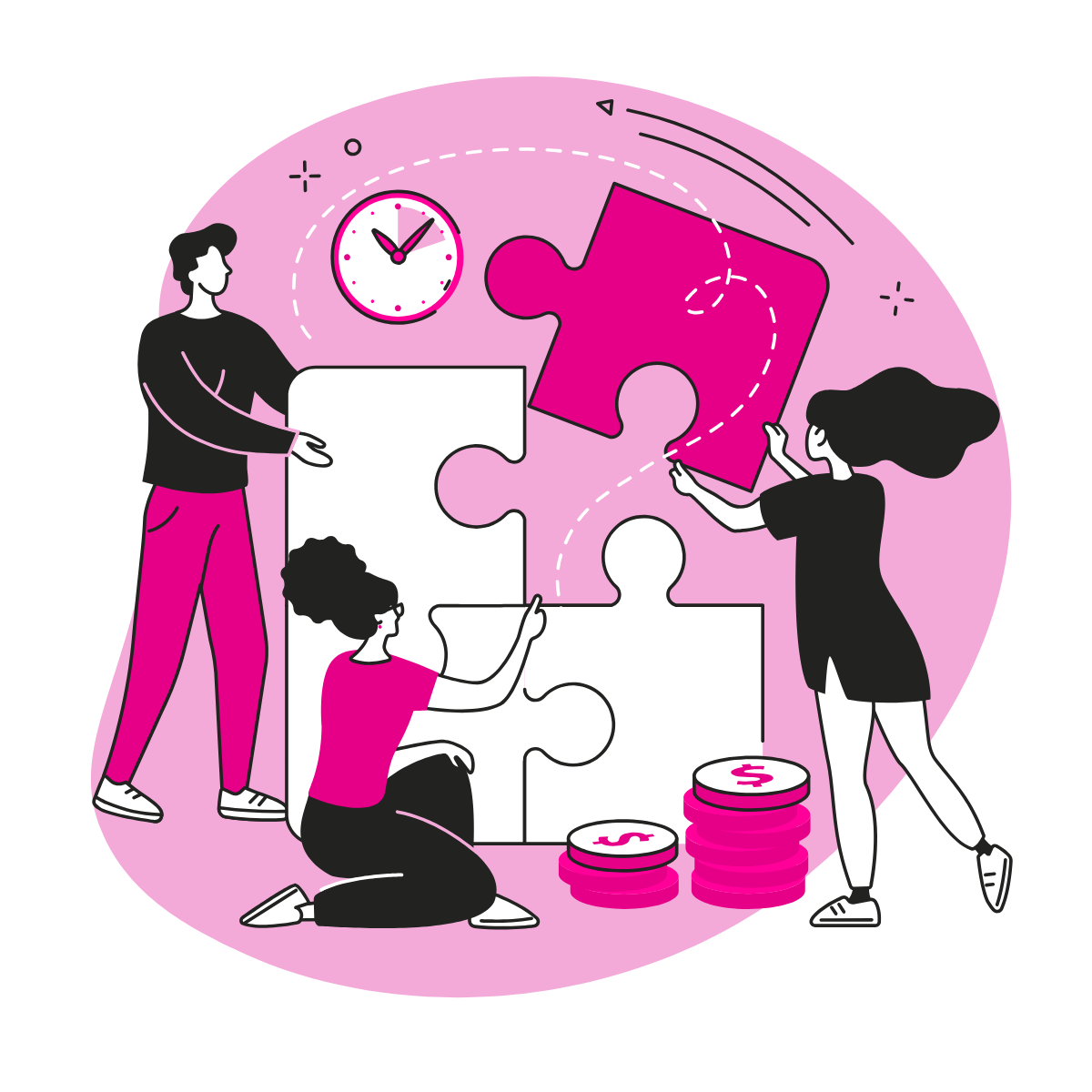 illustration of 3 people putting together a big puzzle symbolizing integration