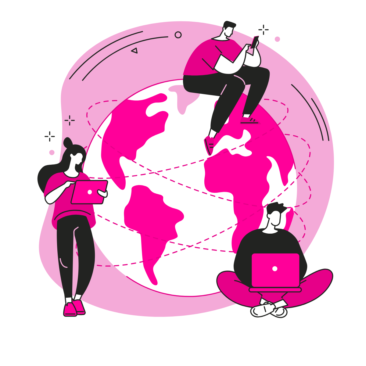 illustration of 3 people sitting around a globe interacting with mobile devices symbolizing software